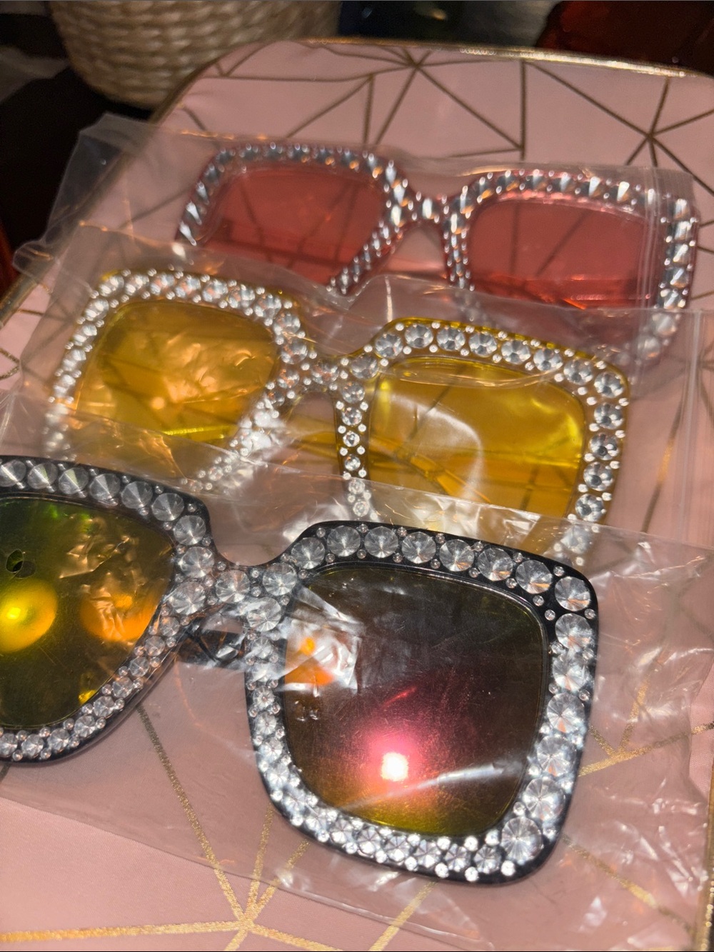 Crystal-Trim Square Fashion Sunglasses - Black, Yellow, Pink